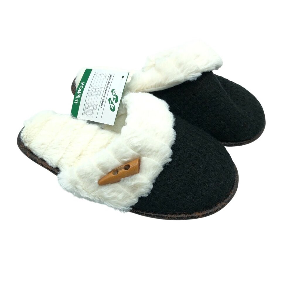 Vonmay Womens Clog Slipper Faux Fur Lined Slip On Knit Black Ivory Size 5-6